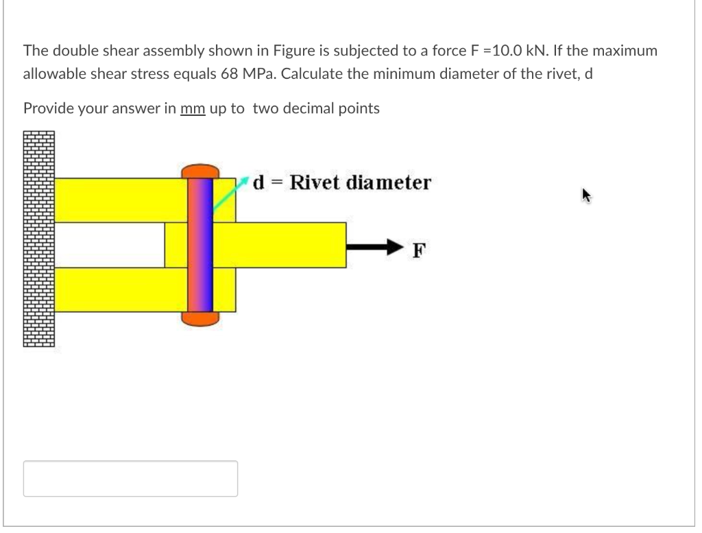 The double shear assembly shown in Figure is subjected to a force F =10.0 kN. If the maximum
allowable shear stress equals 68