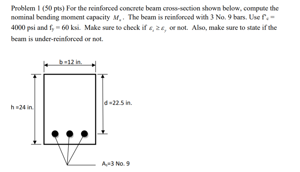 Solved Problem 1 (50 pts) For the reinforced concrete beam | Chegg.com