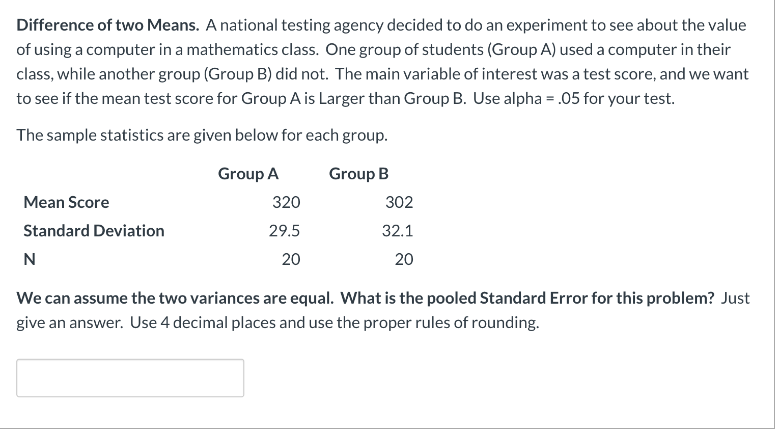 Solved Difference of two Means. A national testing agency | Chegg.com