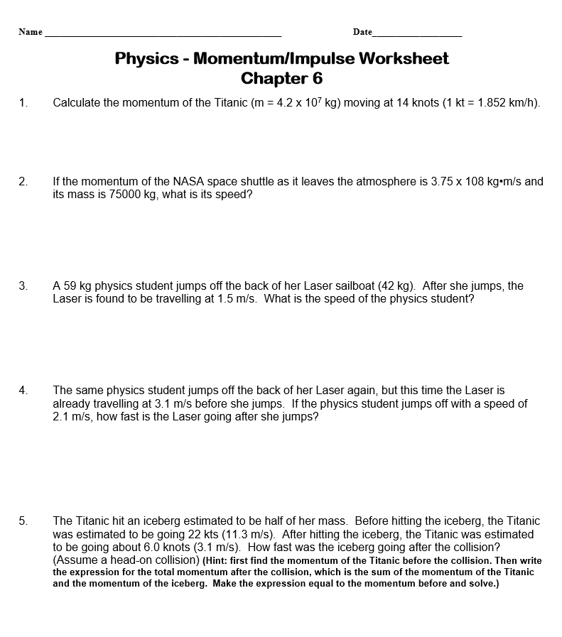 Solved Name Date Physics Momentum/Impulse Worksheet Chegg com