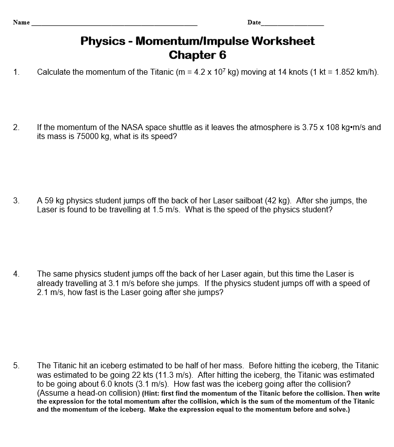 Solved Name Date Physics - Momentum/Impulse Worksheet | Chegg.com