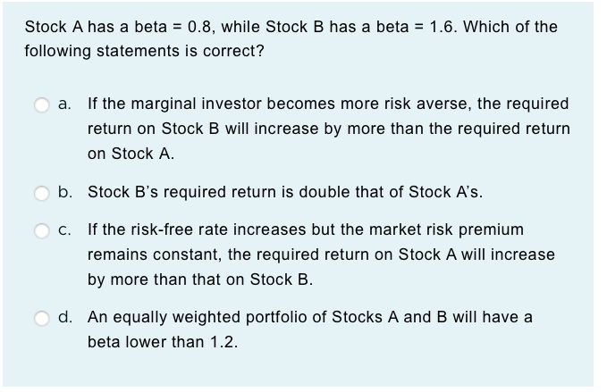 Solved Stock A Has A Beta =0.8, While Stock B Has A Beta | Chegg.com