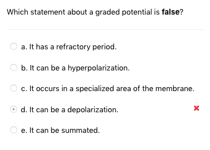 Which statement about a graded potential is false? a. It has a refractory period. b. It can be a hyperpolarization. c. It occ