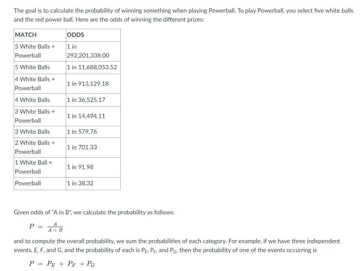 Solved The goal is to calculate the probability of winning | Chegg.com