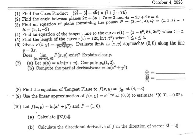 Solved (1) Find the Cross Product: (2i^−3j^+4k^)×(i^+j^−7k^) | Chegg.com