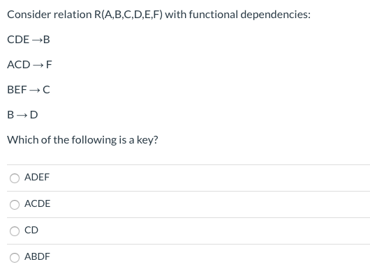 Solved Consider Relation R(A,B,C,D,E,F) With Functional | Chegg.com