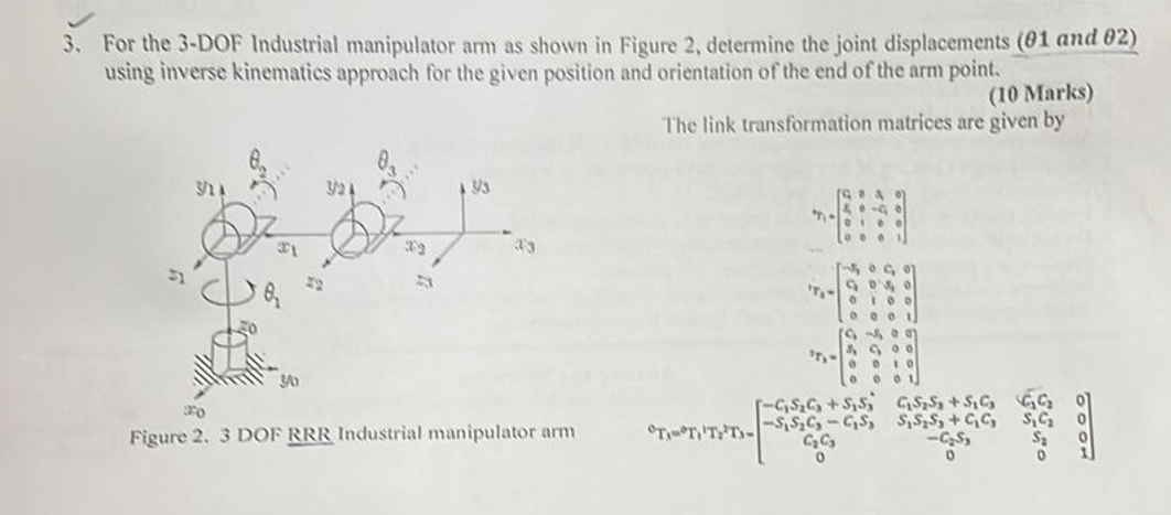 Solved 3. For the 3-DOF Industrial manipulator arm as shown | Chegg.com
