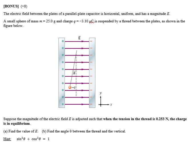 The electric field between the plates of a parallel-plate capacitor is horizontal, uniform, and has a magnitude \( E \).
A sm