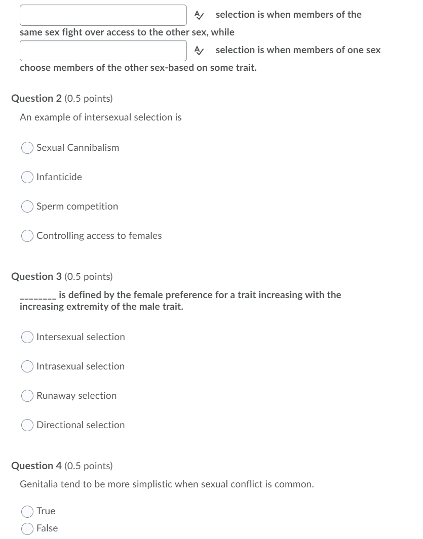 Solved A selection is when members of the same sex fight | Chegg.com