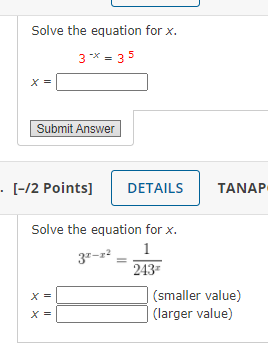 Solved Solve the equation for x. 3* = 35 Submit Answer · | Chegg.com