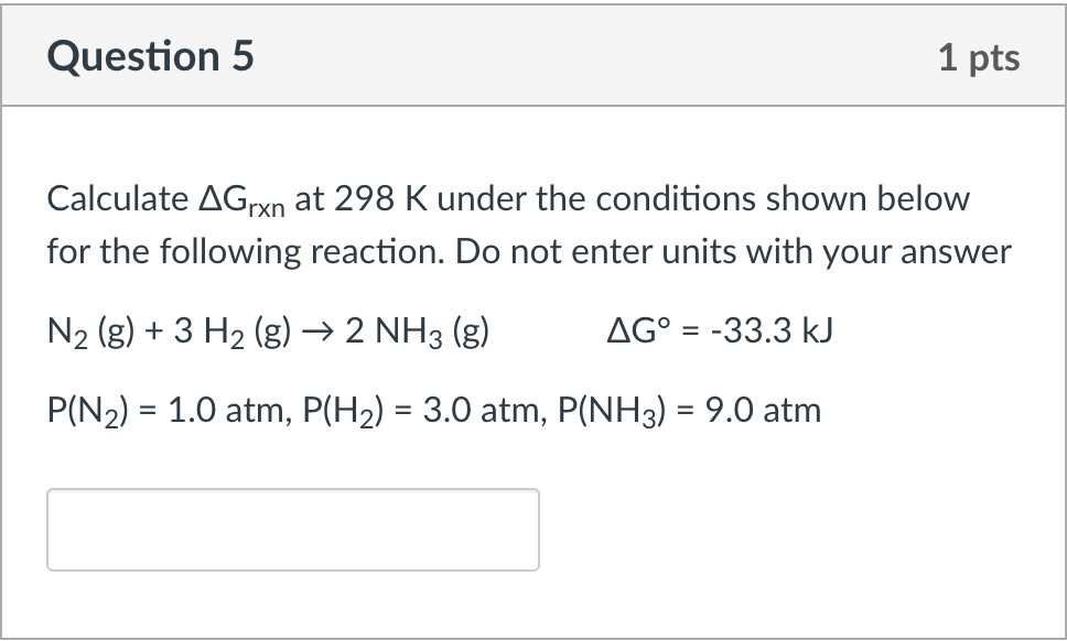 Calculate \( \Delta \mathrm{G}_{\mathrm{rxn}} \) at \( 298 \mathrm{~K} \) under the conditions shown below for the following