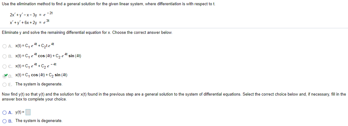 Solved Use the elimination method to find a general solution | Chegg.com