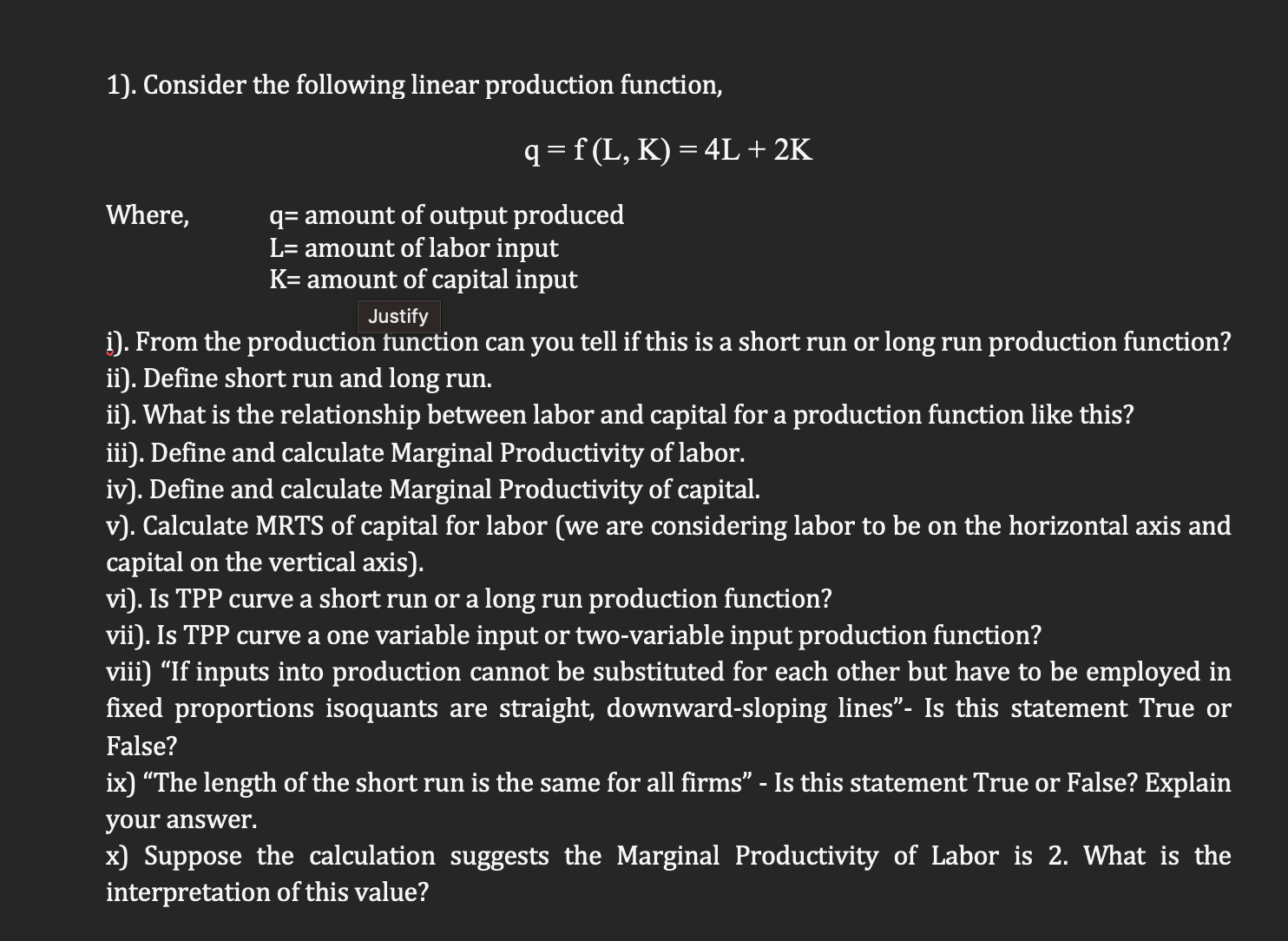 Solved 1). Consider the following linear production