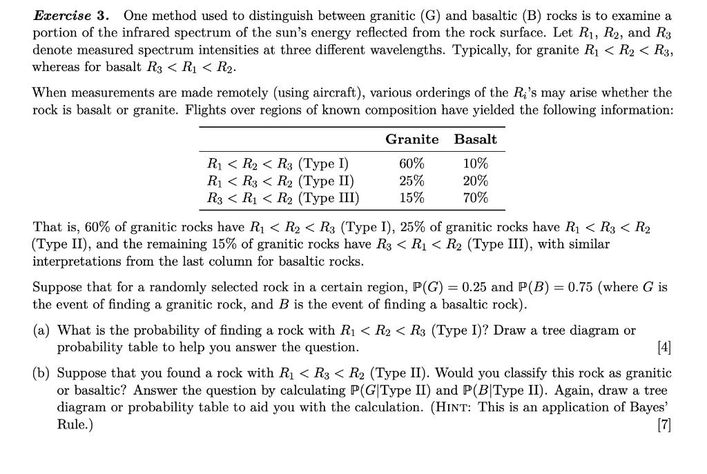 Exercise 3. One method used to distinguish between granitic \( (G) \) and basaltic \( (B) \) rocks is to examine a portion of