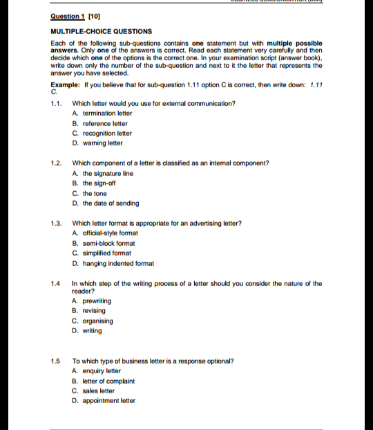 Solved Question 1 (10) MULTIPLE-CHOICE QUESTIONS Each of the | Chegg.com