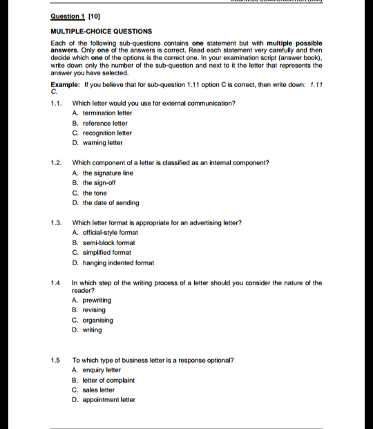 Solved Question 1 (10) MULTIPLE-CHOICE QUESTIONS Each Of The | Chegg.com