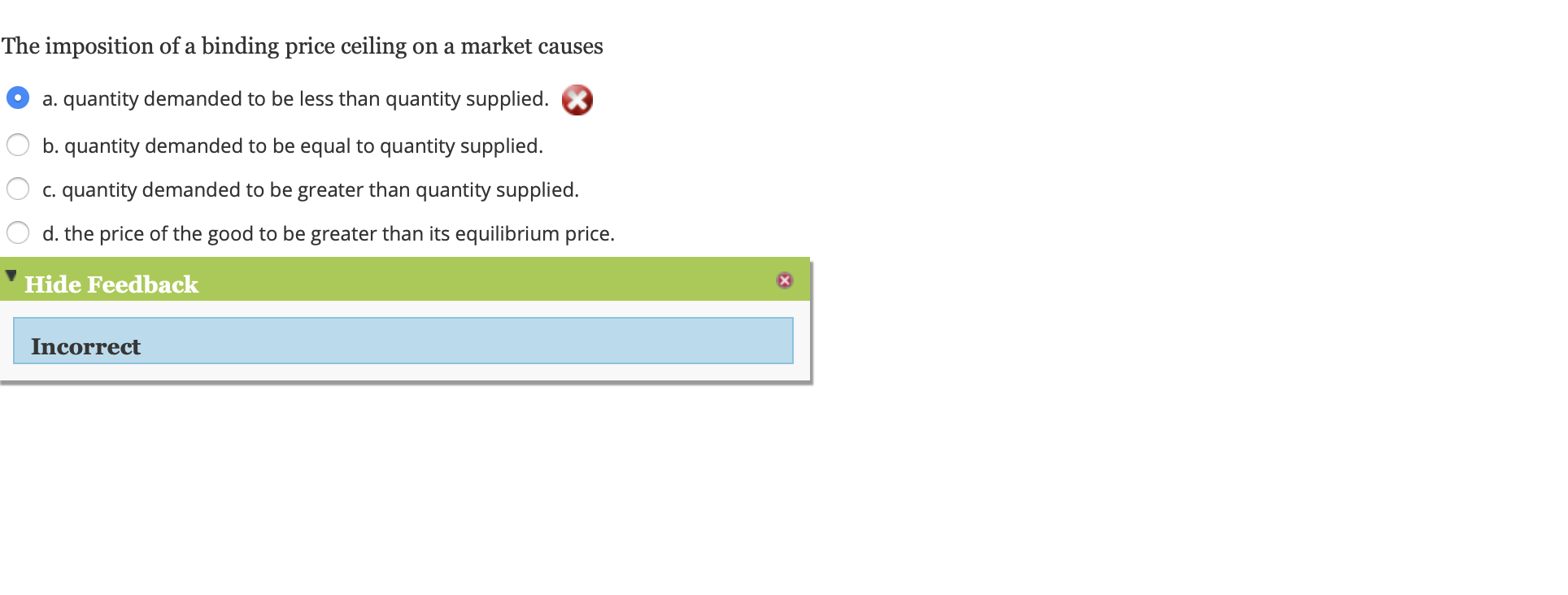 Solved The imposition of a binding price ceiling on a market