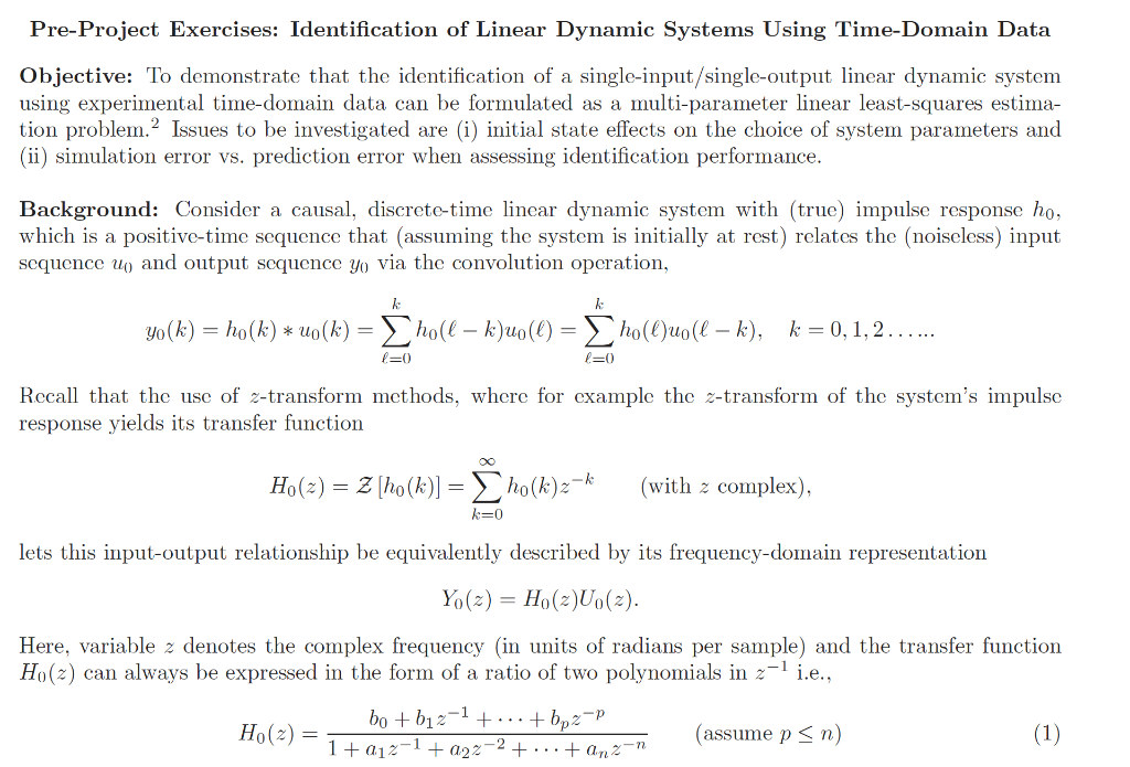 Pre Project Exercises Identification Of Linear Dy Chegg Com