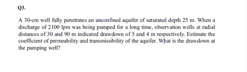 Solved Q3. A 30-cm well fully penetrates an unconfined | Chegg.com