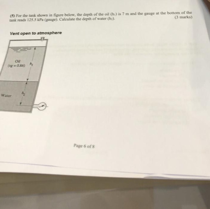 Solved 5) For the tank shown in figure below, the depth of | Chegg.com