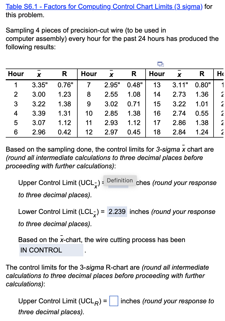 Solved Table S6.1 - Factors for Computing_Control Chart | Chegg.com