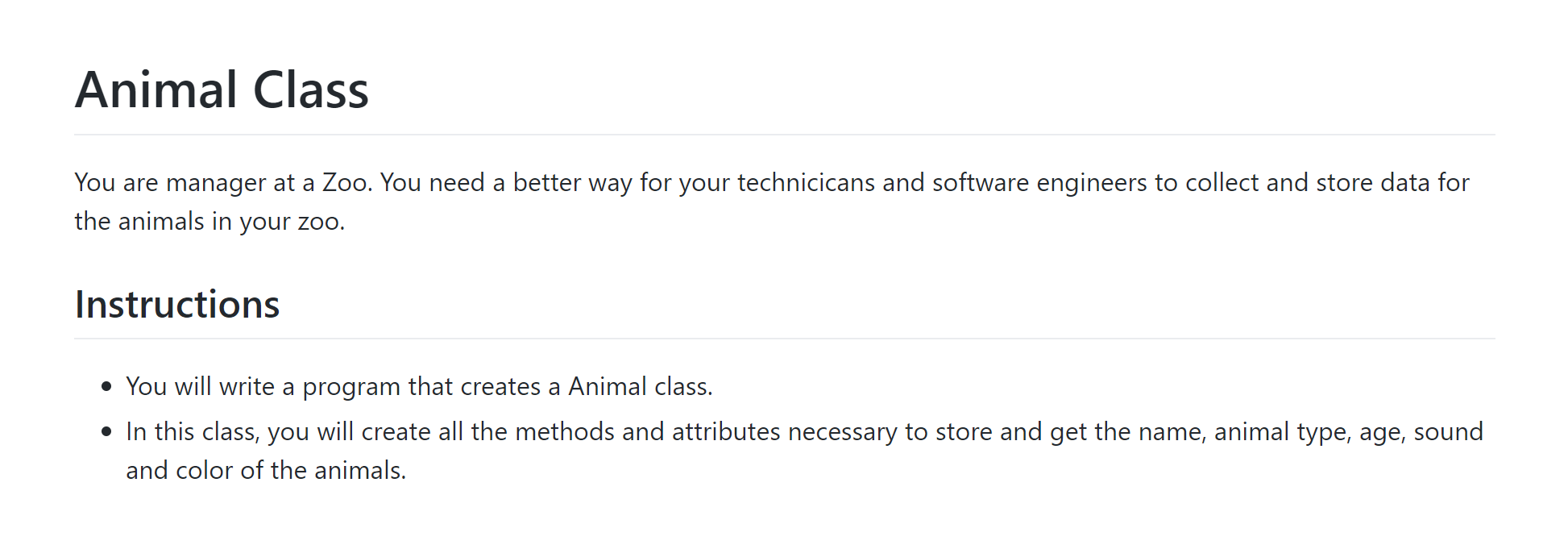 Solved Animal Class You are manager at a Zoo. You need a | Chegg.com