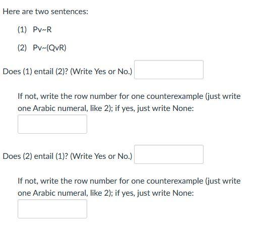 Solved Here are two sentences: (1) PV-R (2) Pv-(QvR) Does | Chegg.com
