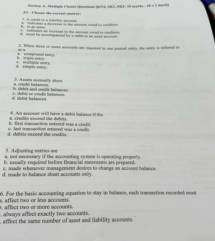 Solved Section A. Multiple Choice Questions IKN2 SK1. SK2: | Chegg.com