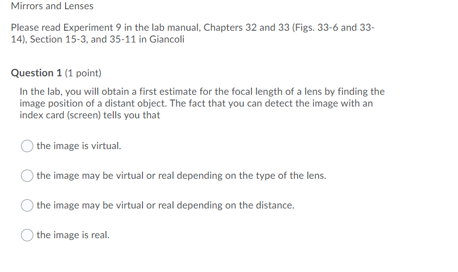 Solved Mirrors and Lenses Please read Experiment 9 in the | Chegg.com