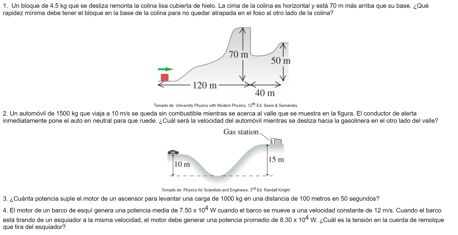 1. Un bloque de \( 4.5 \mathrm{~kg} \) que se desliza remonta la colina lisa cubierta de hielo. La cima de la colina es horiz