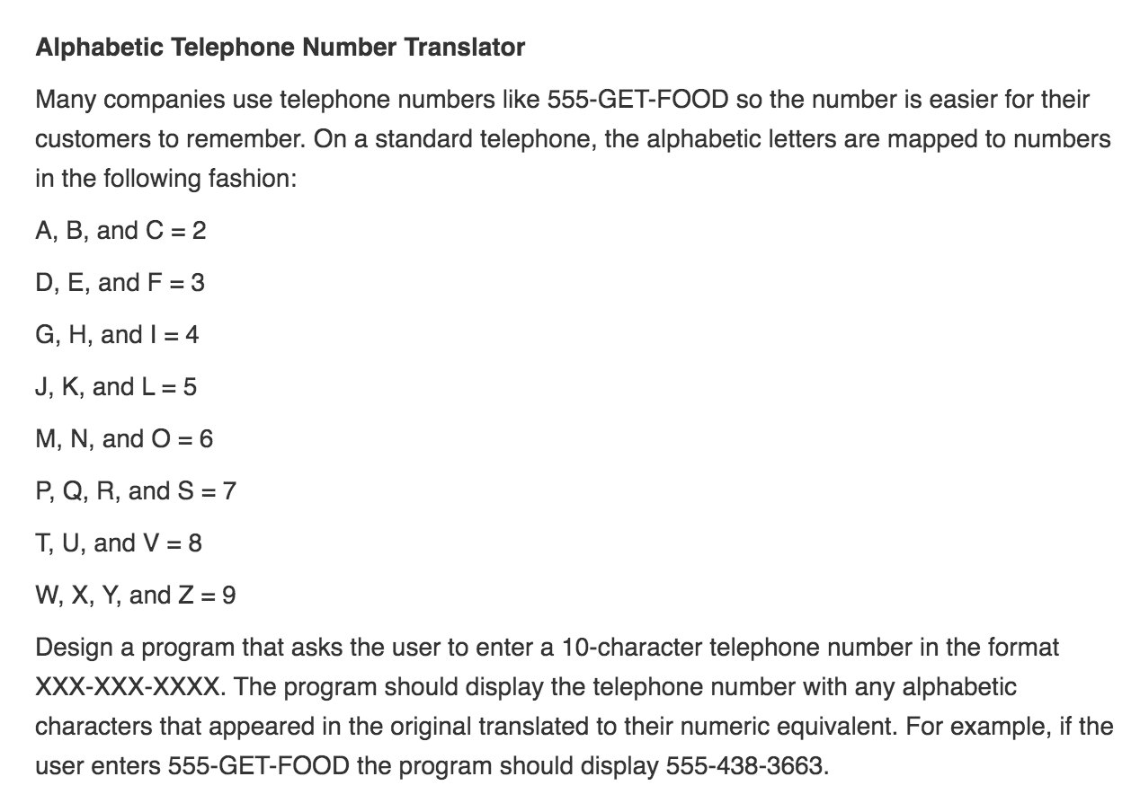 Alphabetic Telephone Number Translator Many Companies Chegg