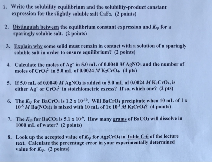 Solved 1. Write the solubility equilibrium and the | Chegg.com