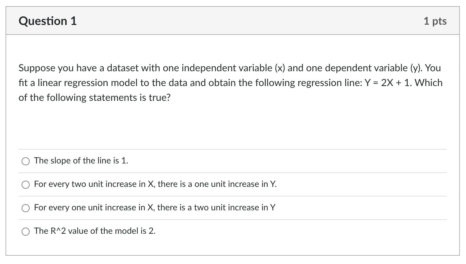 Suppose you have a dataset with one independent variable ( \( x \) ) and one dependent variable (y). You fit a linear regress