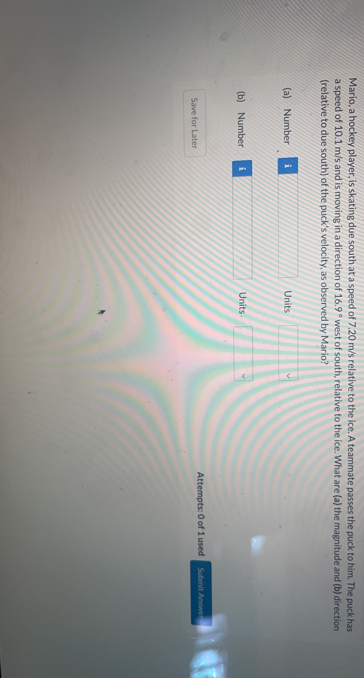 Solved Mario, a hockey player, is skating due south at a
