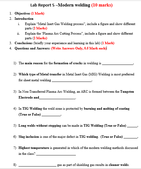 Solved Lab Report 5 Modern Welding 10 Marks 1 Objectives Chegg Com