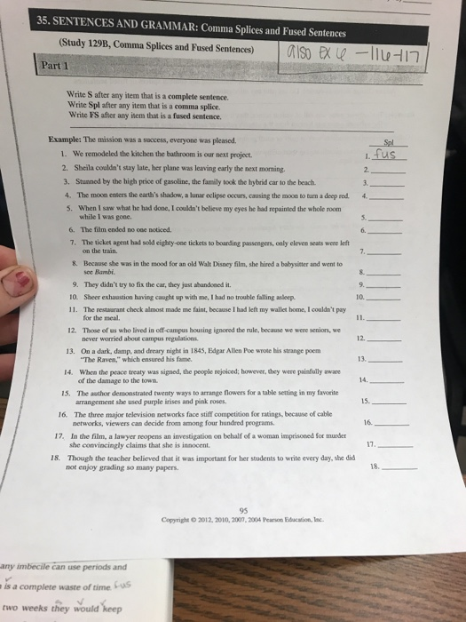 Comma Splices Fused Sentences And Fragments Worksheet