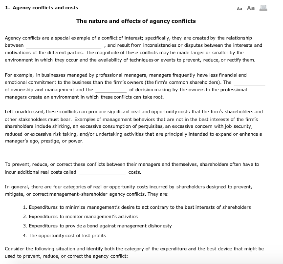 Solved 1. Agency conflicts and costs The nature and effects