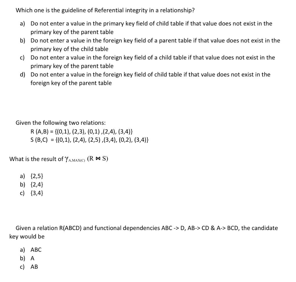 Solved Which one is the guideline of Referential integrity | Chegg.com