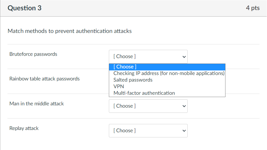 Solved Match Methods To Prevent Authentication Attacks | Chegg.com