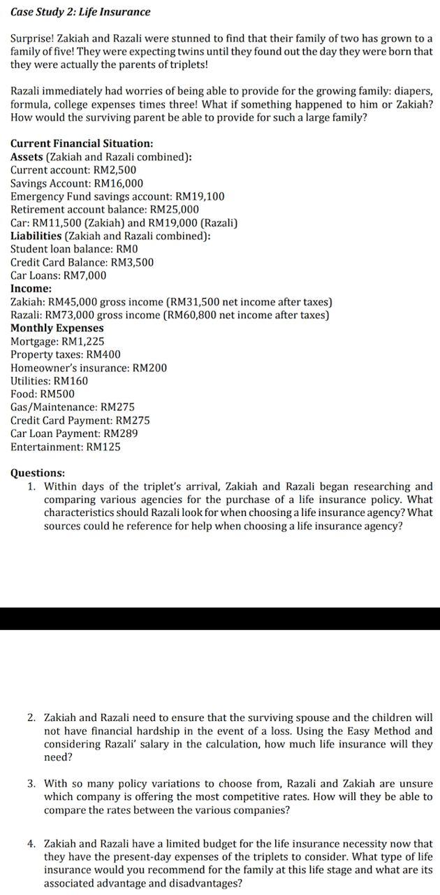 Solved Case Study 2: Life Insurance Surprise! Zakiah and | Chegg.com