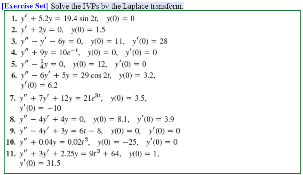 Solved [Exercise Set] Solve the IVPs by the Laplace | Chegg.com