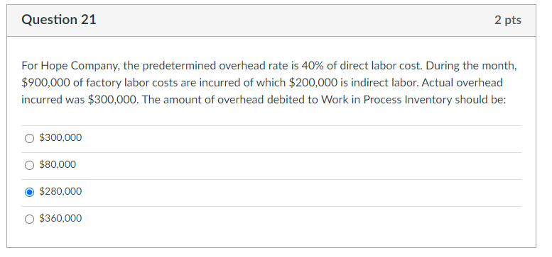 Solved Question 21 2 pts For Hope Company, the predetermined