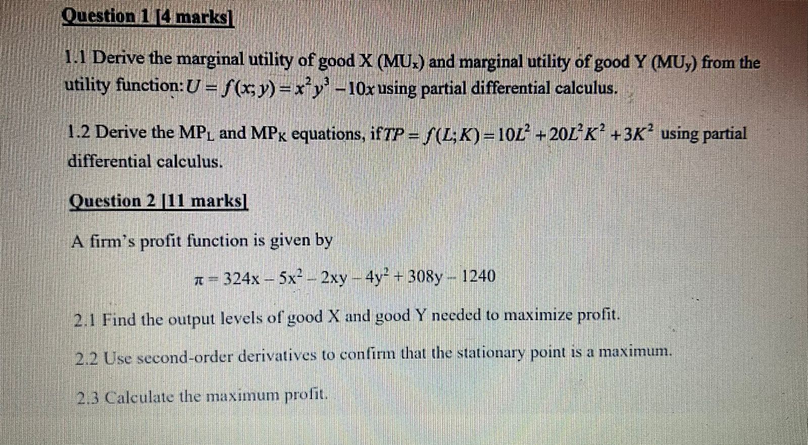 Solved 1.1 Derive the marginal utility of good X (MUx) and | Chegg.com
