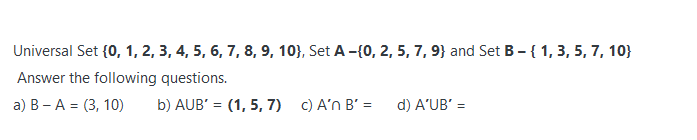 Solved Universal Set {0,1,2,3,4,5,6,7,8,9,10}, Set | Chegg.com | Chegg.com