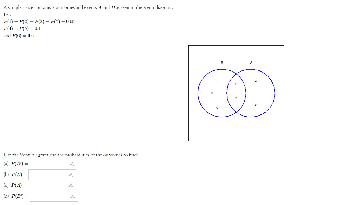 A sample space contains 7 outcomes and events \( A \) and \( B \) as seen in the Venn diagram. Let:
\[
\begin{array}{l}
P(1)=