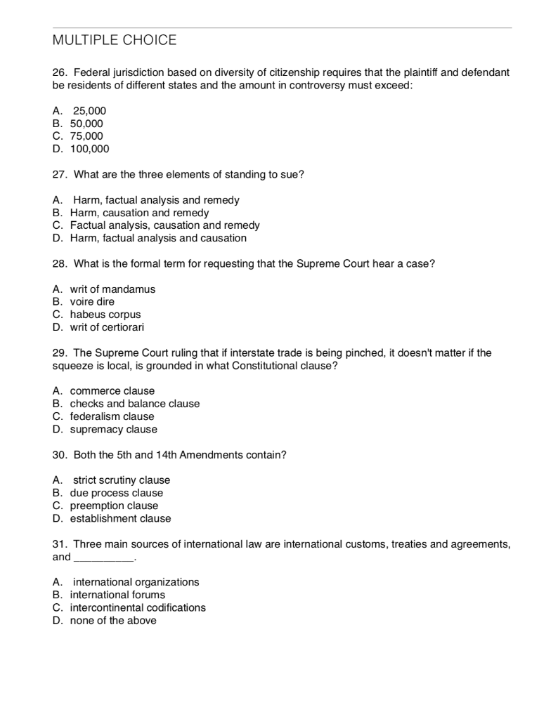 Solved MULTIPLE CHOICE 26. Federal jurisdiction based on | Chegg.com