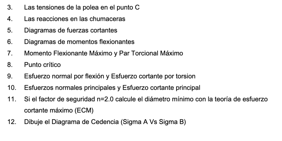 3. Las tensiones de la polea en el punto \( \mathrm{C} \) 4. Las reacciones en las chumaceras 5. Diagramas de fuerzas cortant