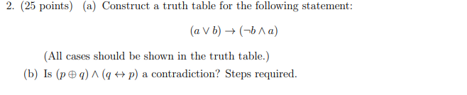 Solved 2. (25 points) (a) Construct a truth table for the | Chegg.com