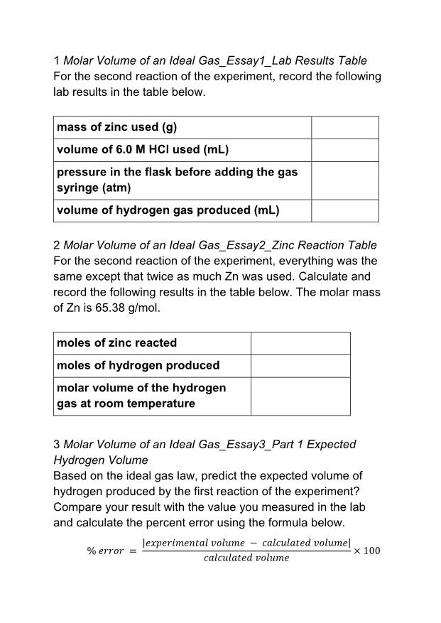 1 Molar Volume of an Ideal Gas_Essay1_Lab Results