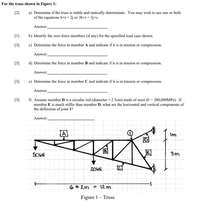 Solved [2] For the truss shown in Figure 1: a) Determine if | Chegg.com